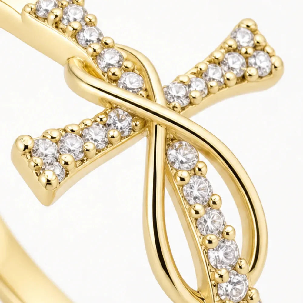 Mobius Cross Ring with Pavé Stones, Gold or Silver