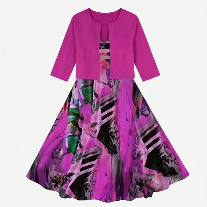 Printed Midi Dress with Attached Cardigan — View 16 | Clova