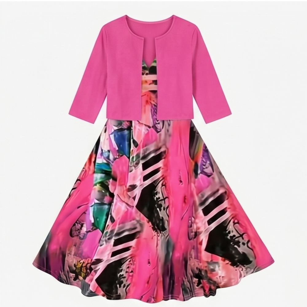Printed Midi Dress with Attached Cardigan — View 15 | Clova
