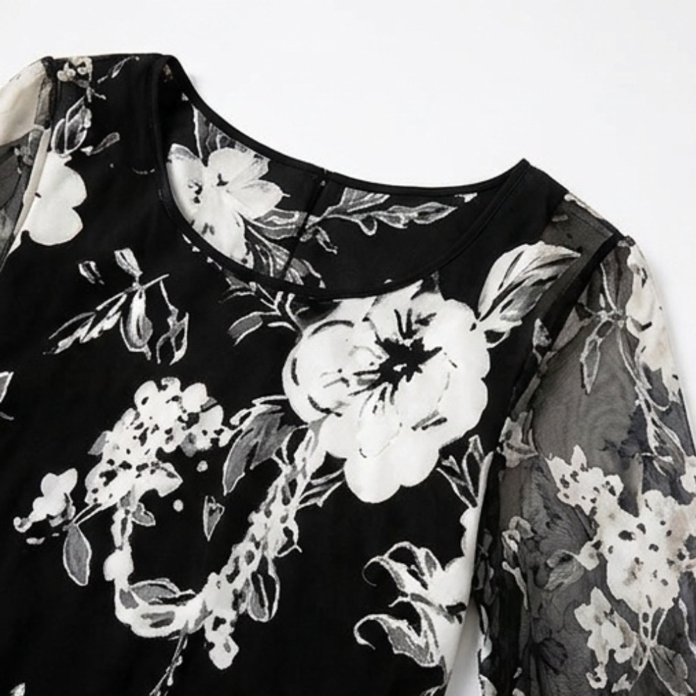Floral Chiffon Dress with Sheer Overlay — View 10 | Clova
