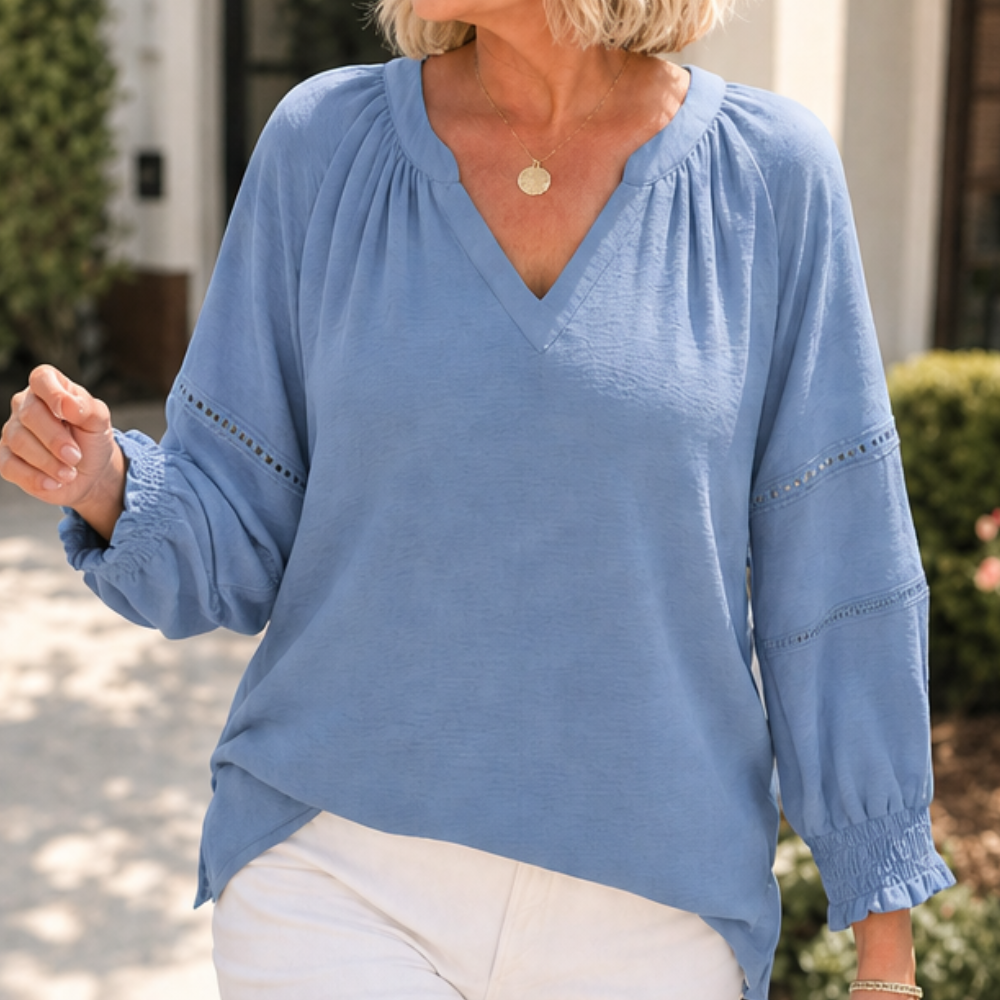 Lantern Sleeve V-Neck Blouse — View 13 | Clova