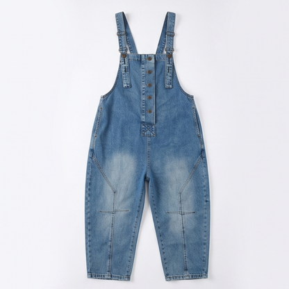 Button-Front Tapered Denim Overalls — View 12 | Clova