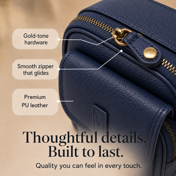 Structured PU crossbody bag with built-in wallet and glasses compartment