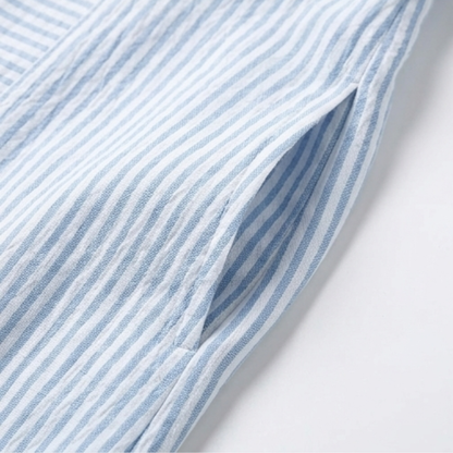Striped Button-Placket Mini Dress with Pockets — View 9 | Clova
