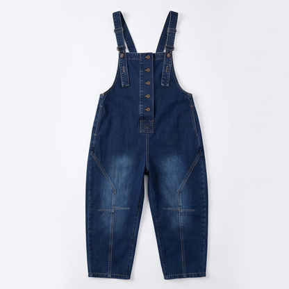 Button-Front Tapered Denim Overalls — View 11 | Clova