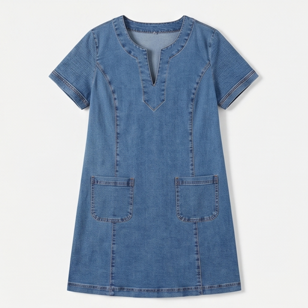 V-Neck Denim Dress with Pockets — View 13 | Clova