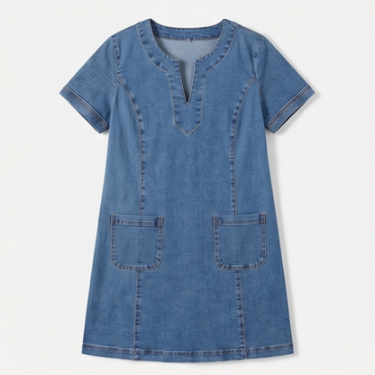 V-Neck Denim Dress with Pockets — View 13 | Clova