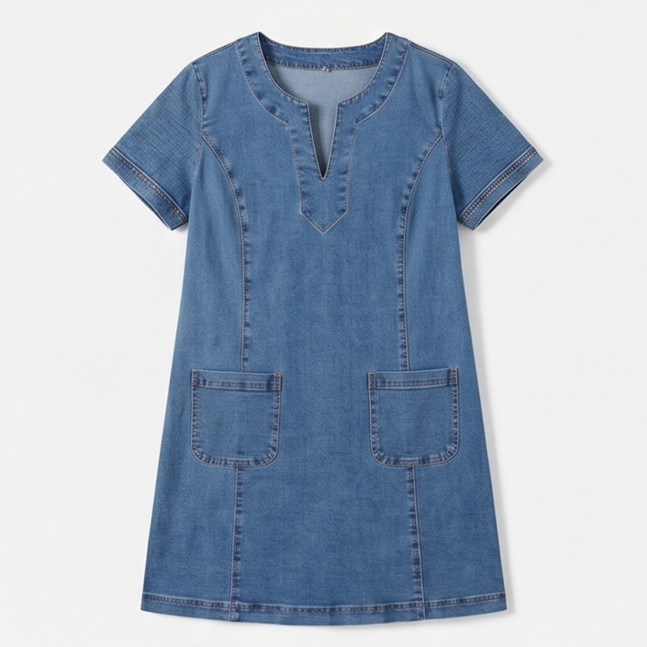 V-Neck Denim Dress with Pockets — View 13 | Clova