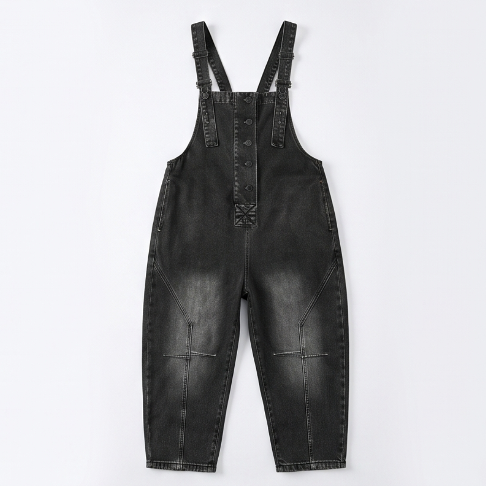 Button-Front Tapered Denim Overalls — View 14 | Clova