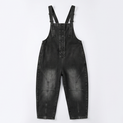 Button-Front Tapered Denim Overalls — View 14 | Clova