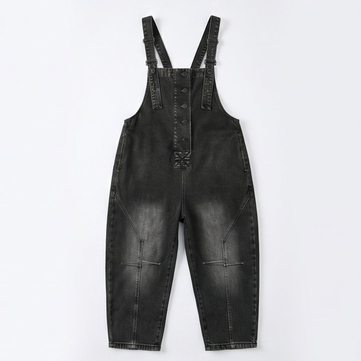 Button-Front Tapered Denim Overalls — View 14 | Clova