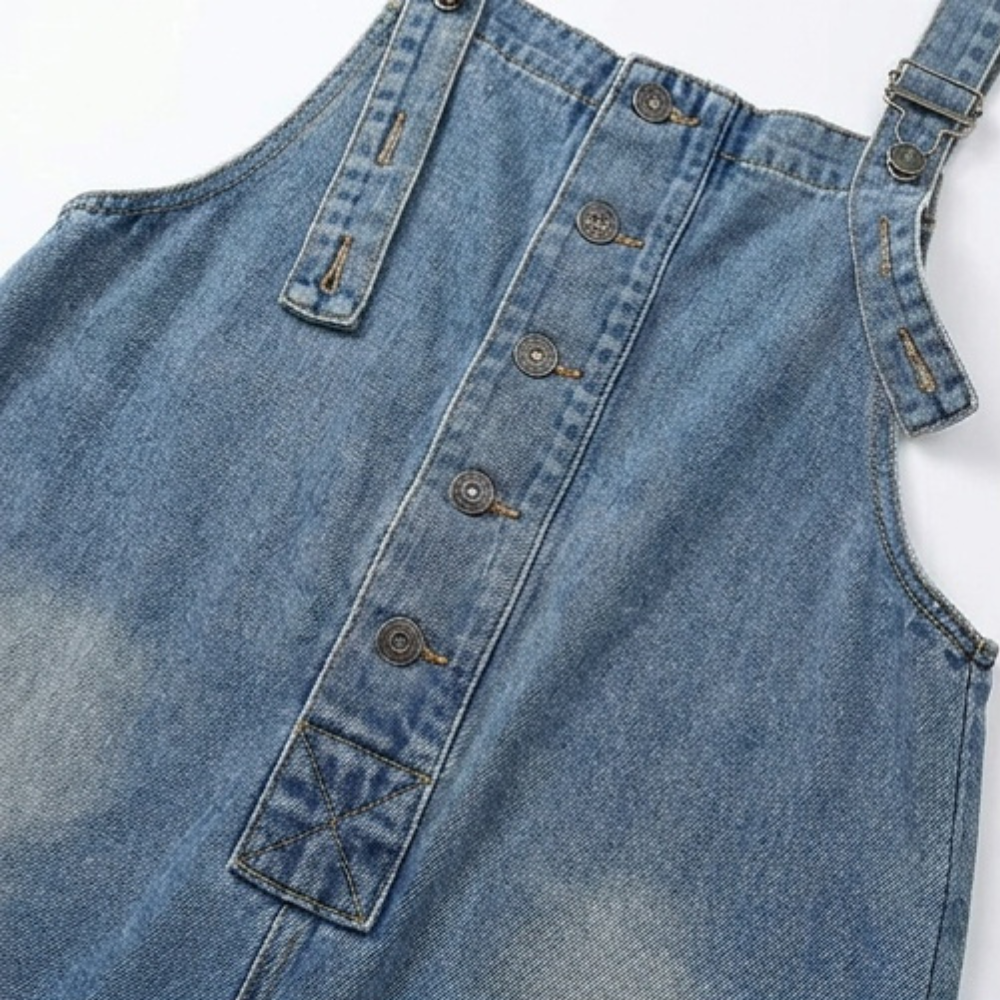 Button-Front Tapered Denim Overalls — View 7 | Clova