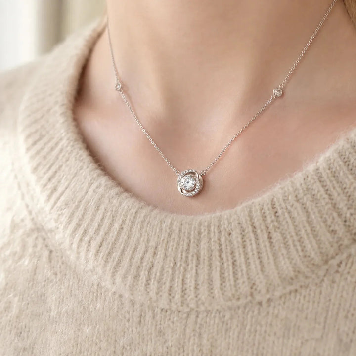 Floating Stone Silver Necklace with Pavé Halo