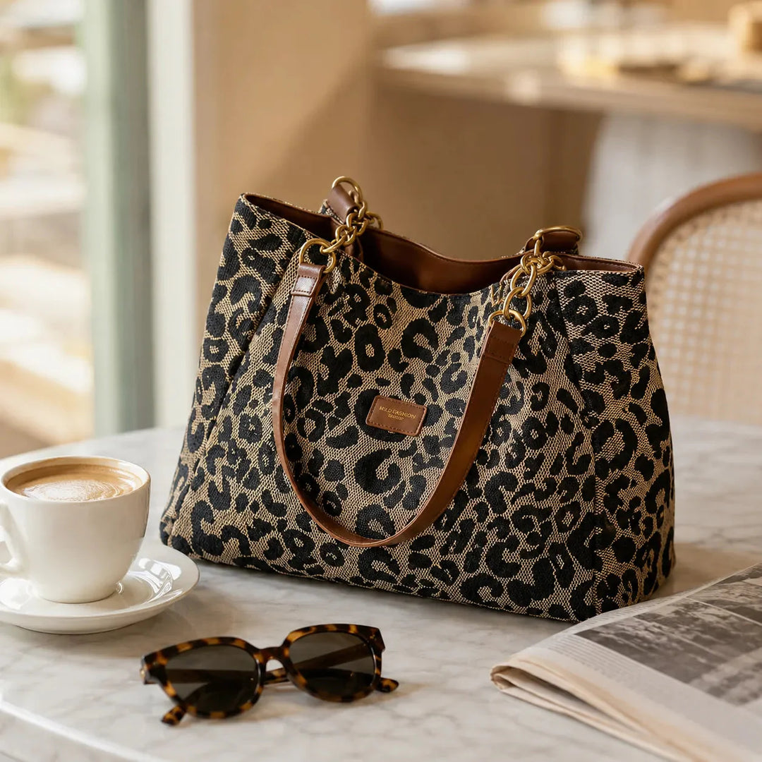 Woven Leopard Print Tote Bag with Leather Trim and Gold Chain