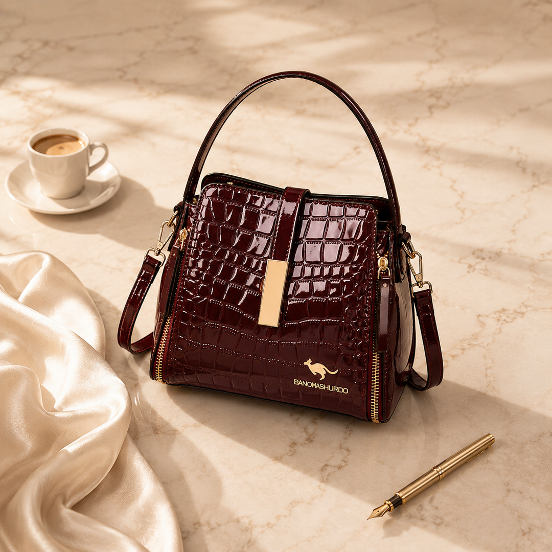 Glossy Croc Embossed Crossbody Handbag with Gold Hardware
