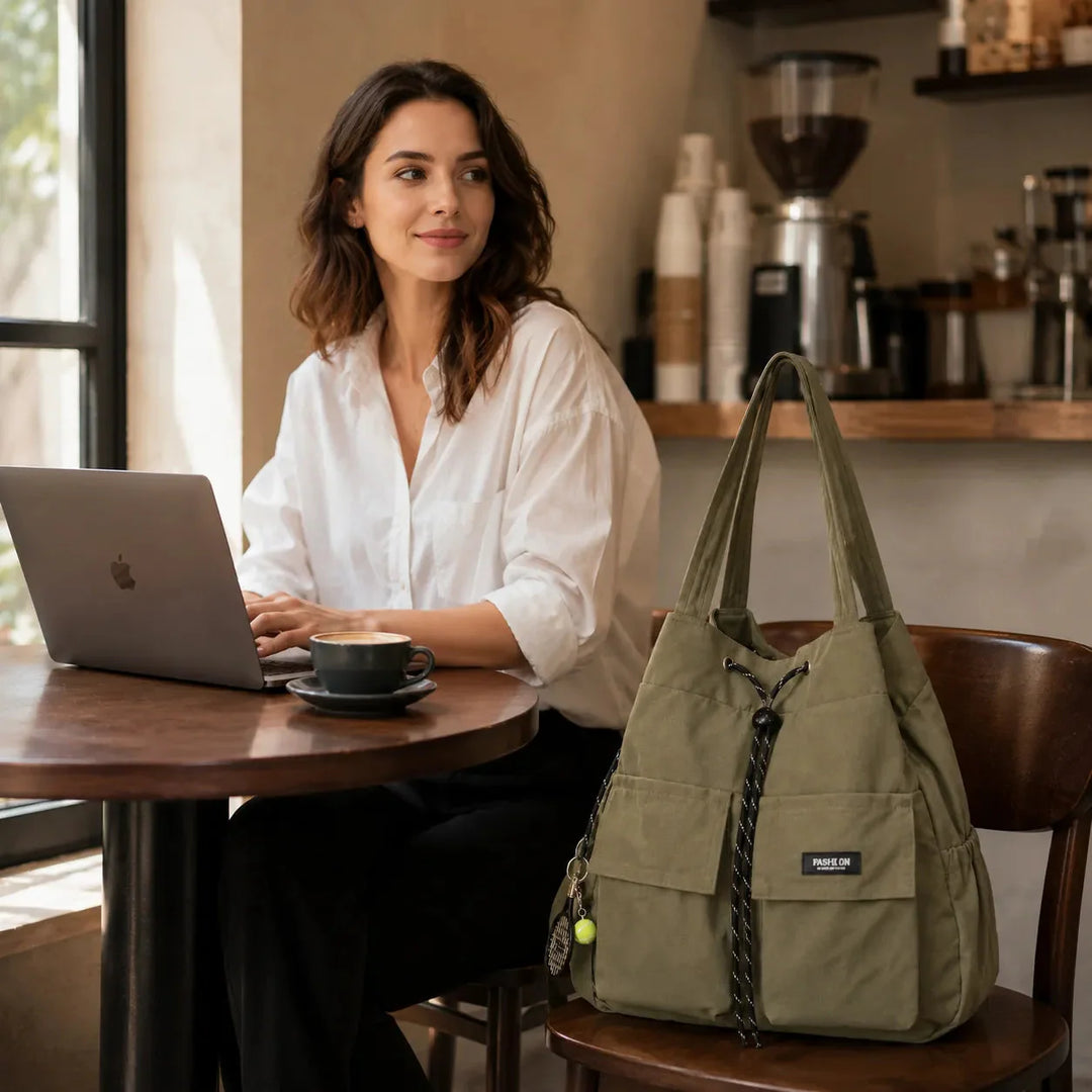 Convertible Drawstring Canvas Tote Backpack with Cargo Pockets