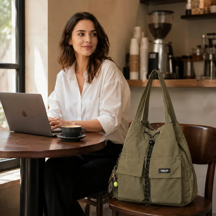 Convertible Drawstring Canvas Tote Backpack with Cargo Pockets
