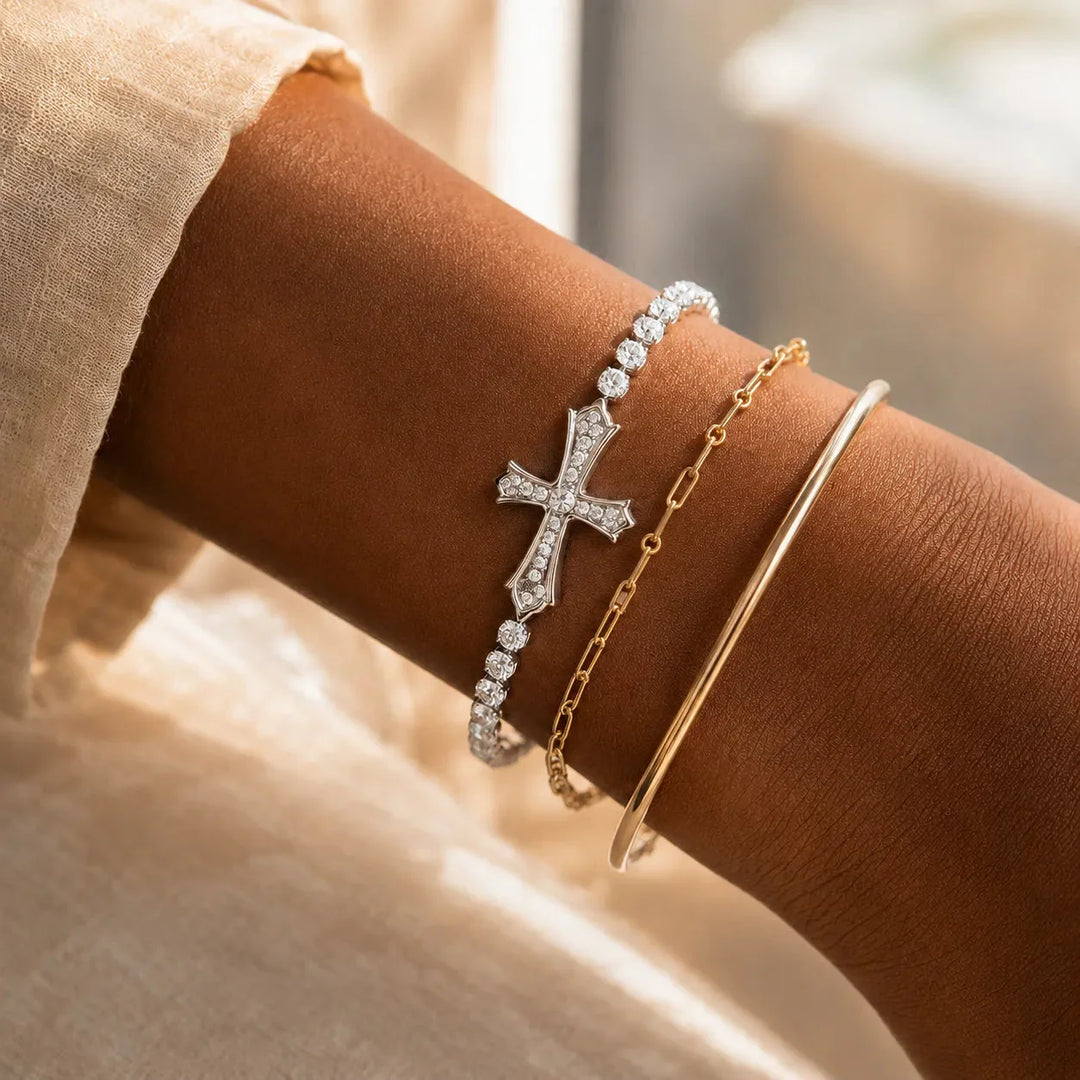 Pavé Zircon Cross Tennis Bracelet in Silver or Gold