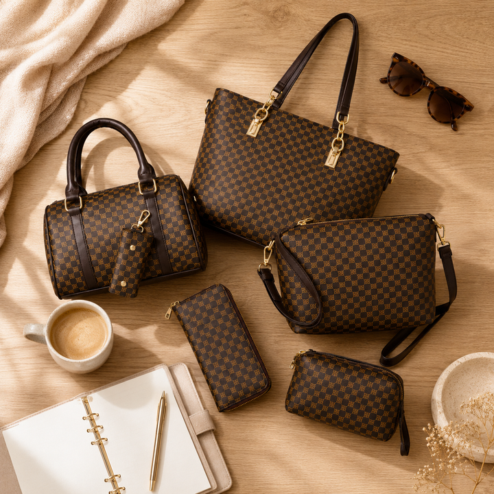 6-Piece Checkered Handbag Set, Tote Crossbody Wallet for Women