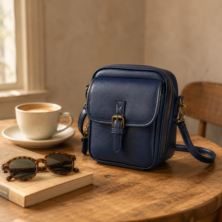 Structured PU crossbody bag with built-in wallet and glasses compartment