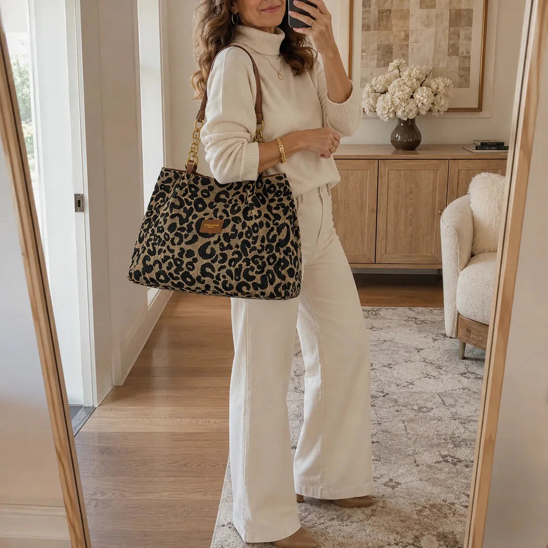 Woven Leopard Print Tote Bag with Leather Trim and Gold Chain