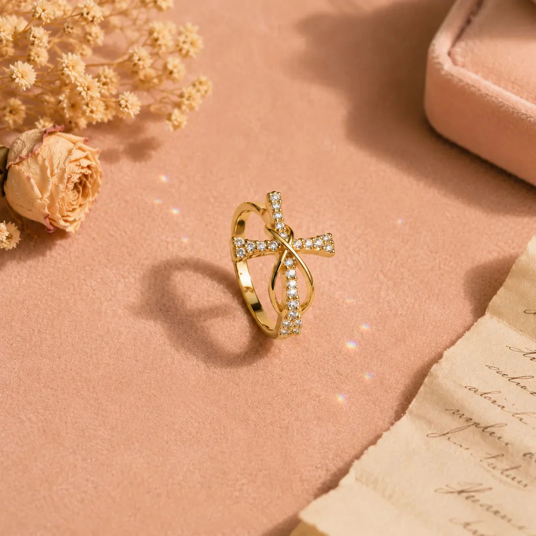 Mobius Cross Ring with Pavé Stones, Gold or Silver