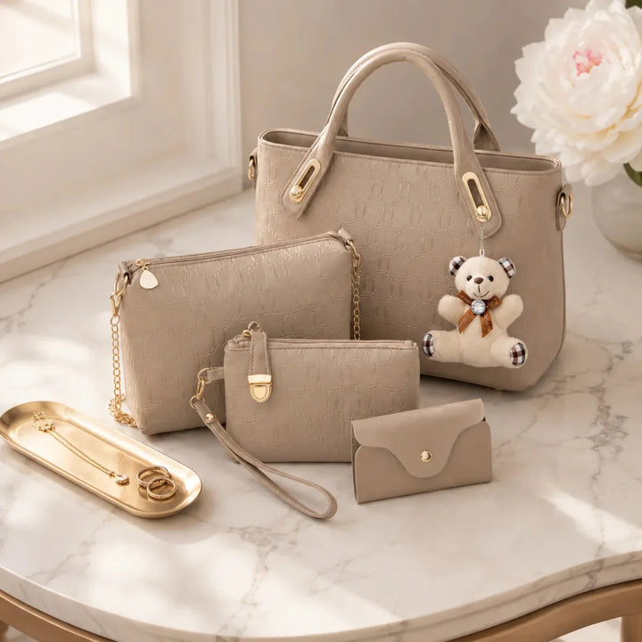 4-Piece Matching Handbag Set, Leather Tote Crossbody Pouch Card Holder