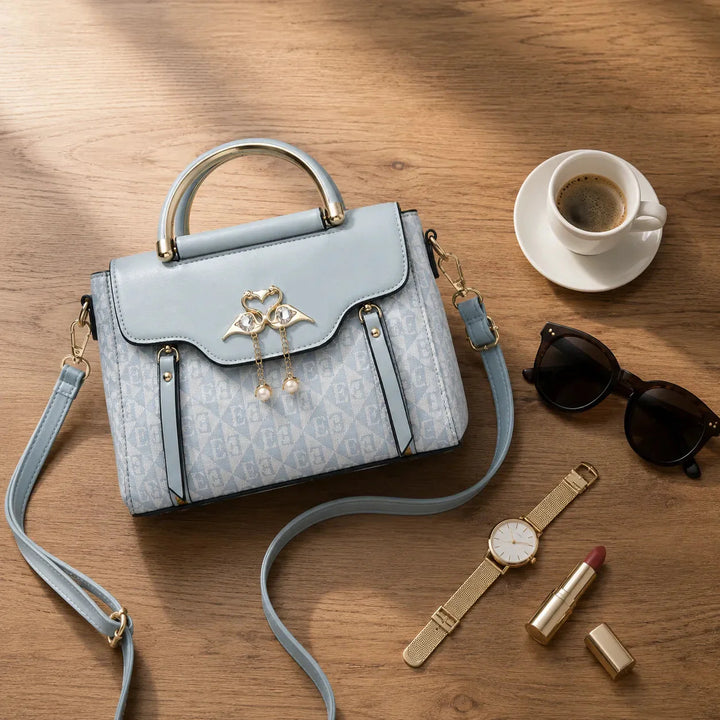 Swan-Clasp Structured Crossbody Bag with Gold Hardware