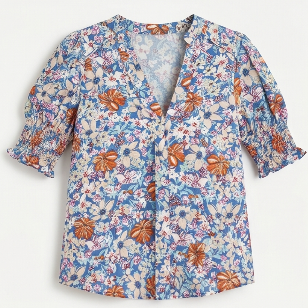 Floral Puff Sleeve V-Neck Blouse — View 10 | Clova