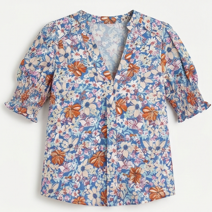 Floral Puff Sleeve V-Neck Blouse — View 10 | Clova