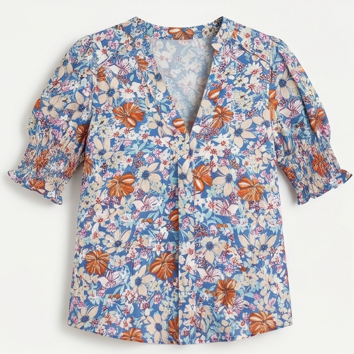 Floral Puff Sleeve V-Neck Blouse — View 10 | Clova