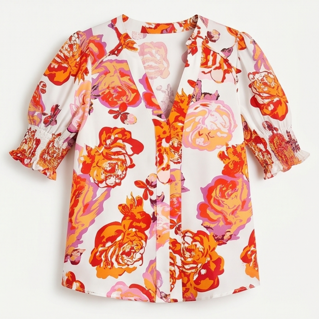 Floral Puff Sleeve V-Neck Blouse — View 11 | Clova