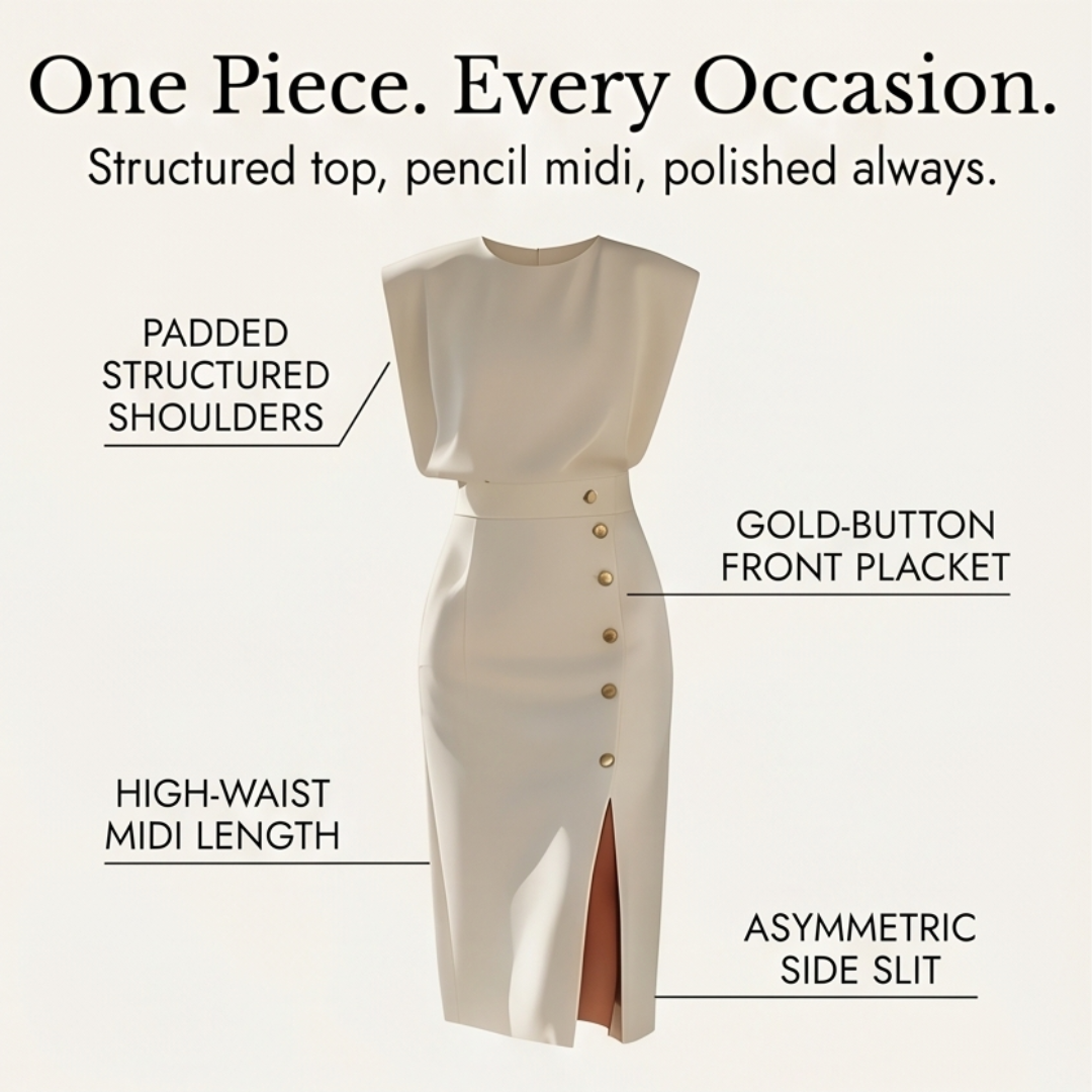 Velora Gold-Button Slit Midi Dress for Work and Evening — View 14 | Clova