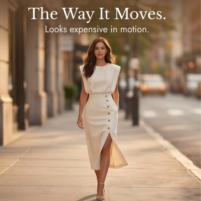 Velora Gold-Button Slit Midi Dress for Work and Evening — View 15 | Clova