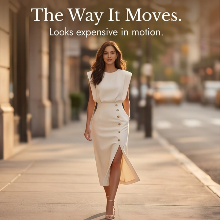 Velora Gold-Button Slit Midi Dress for Work and Evening — View 15 | Clova