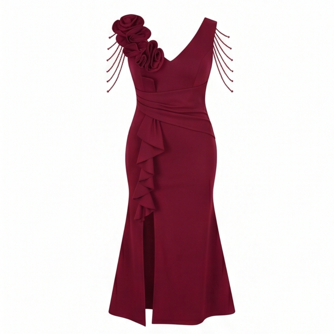 Rosette Shoulder Mermaid Evening Gown — View 12 | Clova