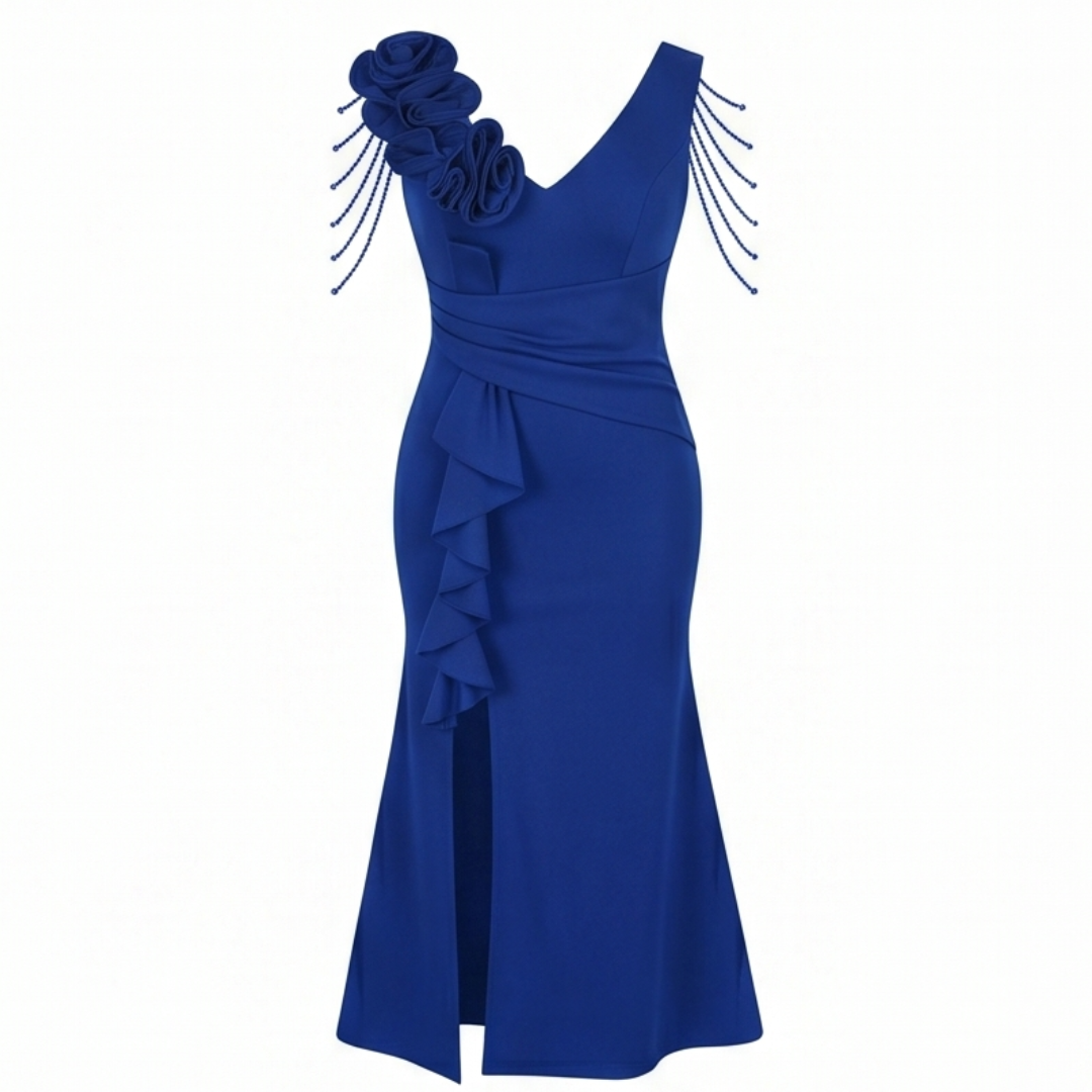 Rosette Shoulder Mermaid Evening Gown — View 13 | Clova