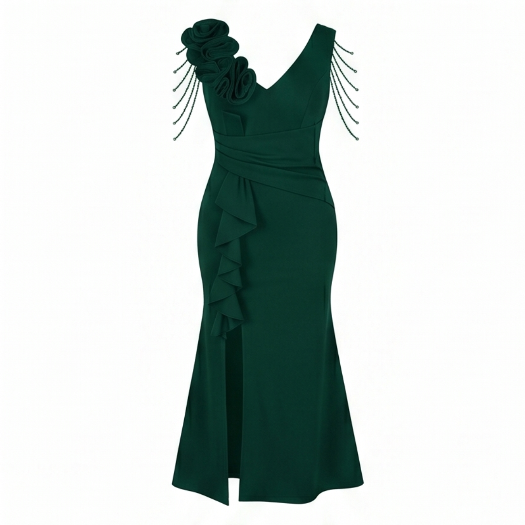 Rosette Shoulder Mermaid Evening Gown — View 14 | Clova