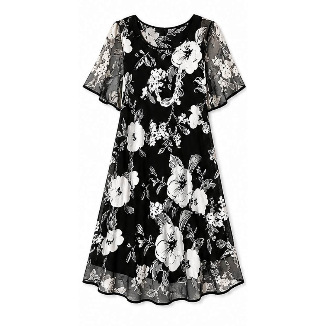 Floral Chiffon Dress with Sheer Overlay — View 11 | Clova