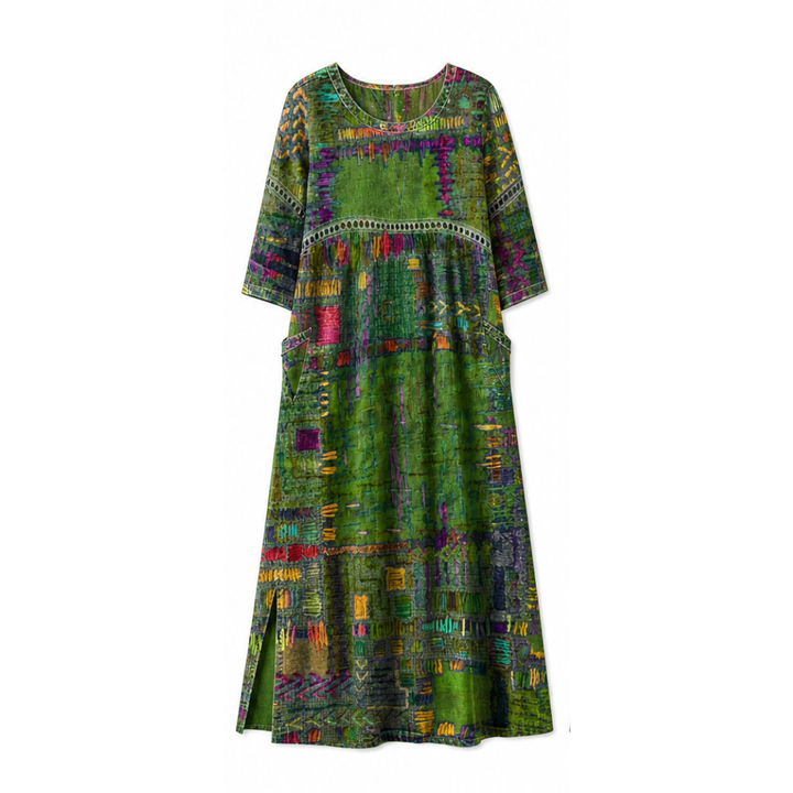 Painterly Patchwork Midi Dress — View 17 | Clova