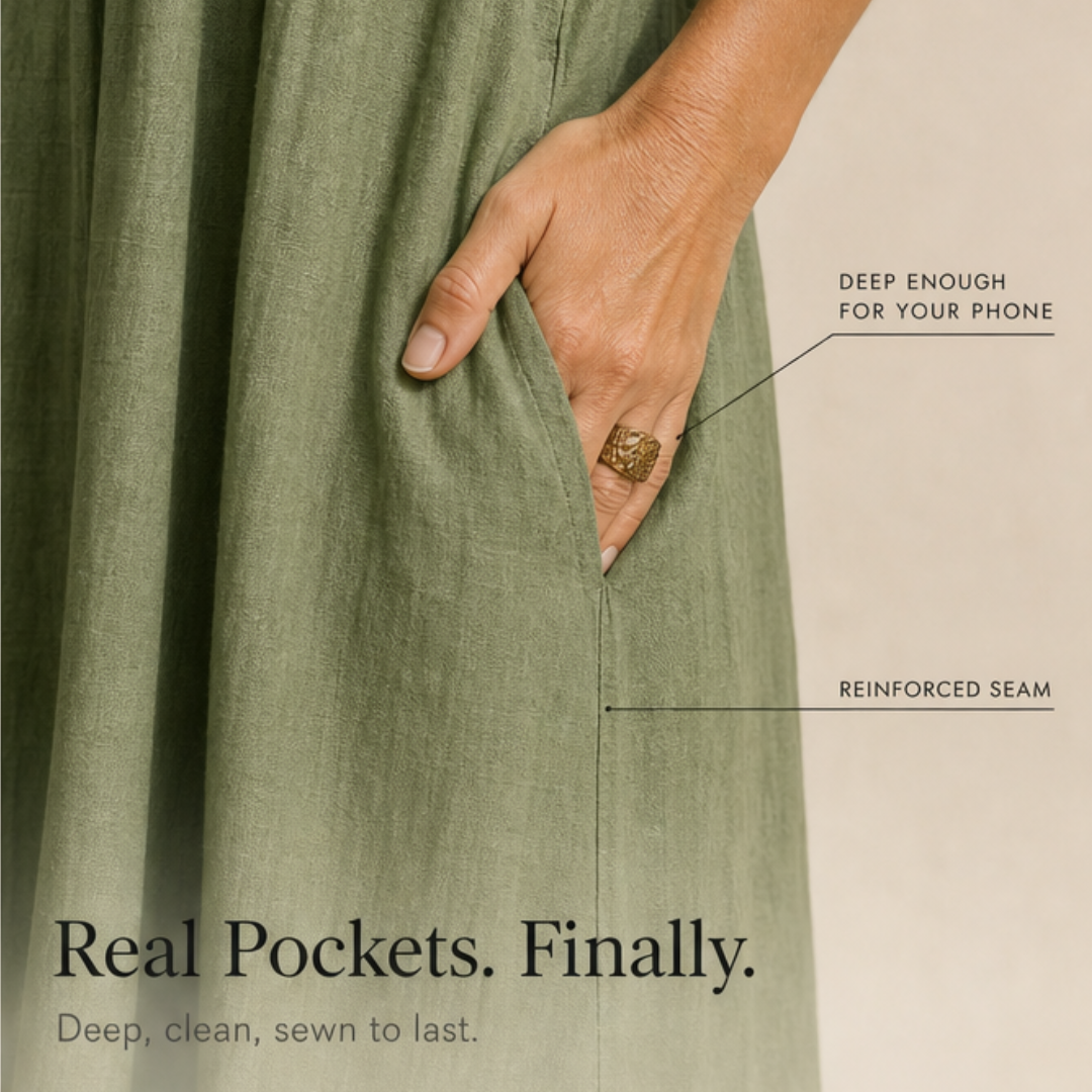 Ruffle-V Midi Dress with Pockets — View 9 | Clova