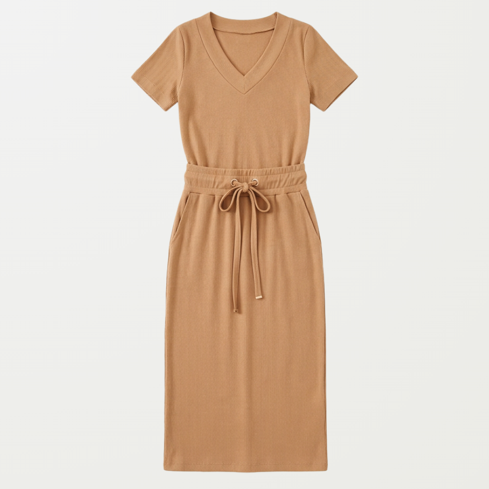 Ribbed V-Neck Top and Midi Skirt Set — View 15 | Clova