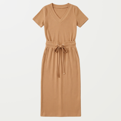 Ribbed V-Neck Top and Midi Skirt Set — View 15 | Clova