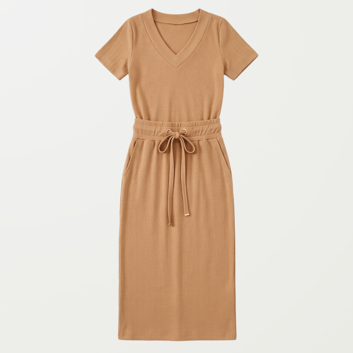 Ribbed V-Neck Top and Midi Skirt Set — View 15 | Clova