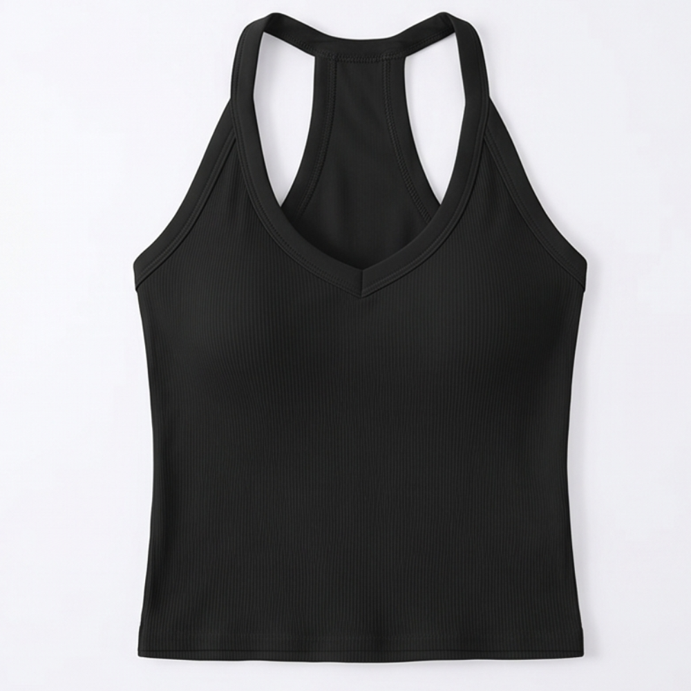 Lunella Ribbed V-Neck Tank with Built-In Bra — View 18 | Clova