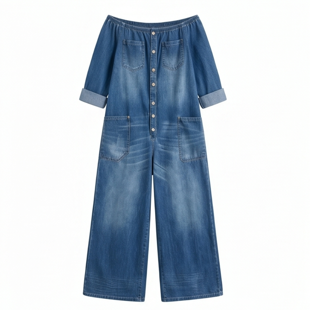 Soluna Off-Shoulder Wide Leg Denim Jumpsuit — View 10 | Clova