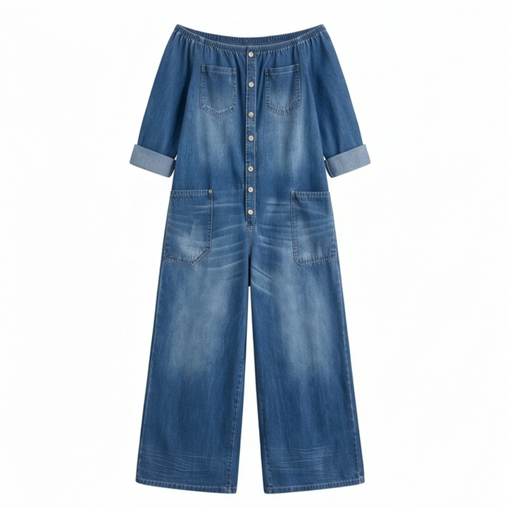 Soluna Off-Shoulder Wide Leg Denim Jumpsuit — View 10 | Clova