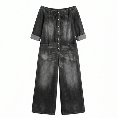 Soluna Off-Shoulder Wide Leg Denim Jumpsuit — View 11 | Clova