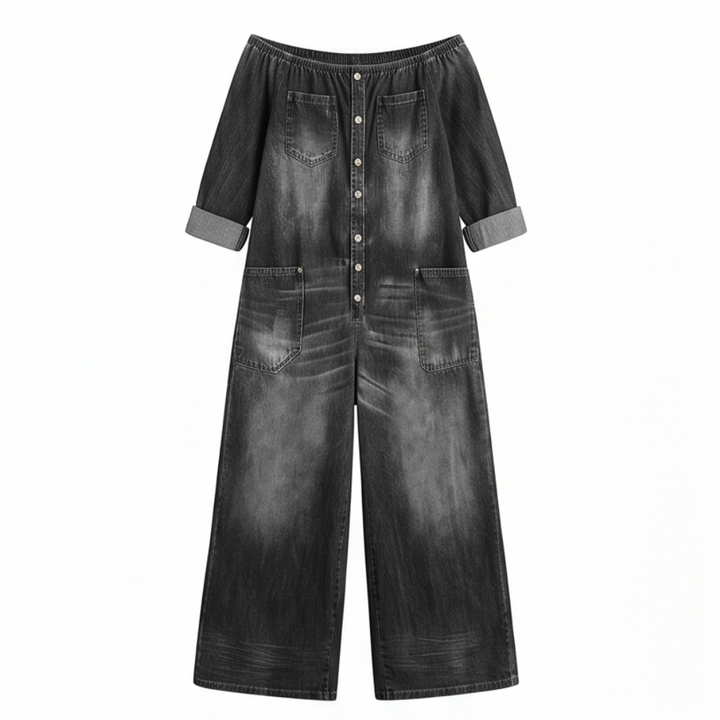 Soluna Off-Shoulder Wide Leg Denim Jumpsuit — View 11 | Clova