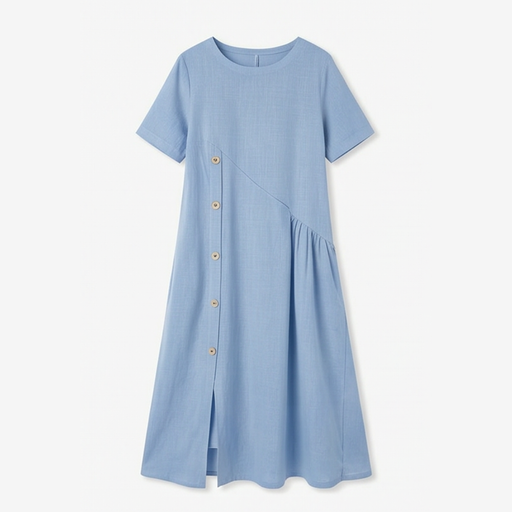 Cotton-Linen Asymmetric Button Midi Dress — View 9 | Clova